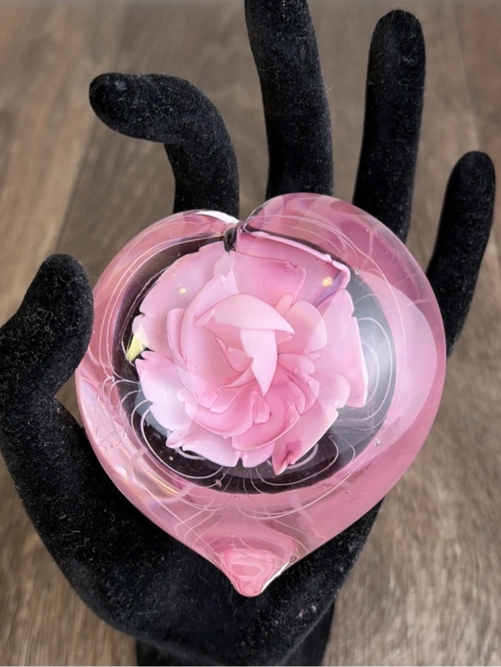 Heart Shaped Pink Rose Flower with White Swirls Studio Art Glass Paperweight 3"